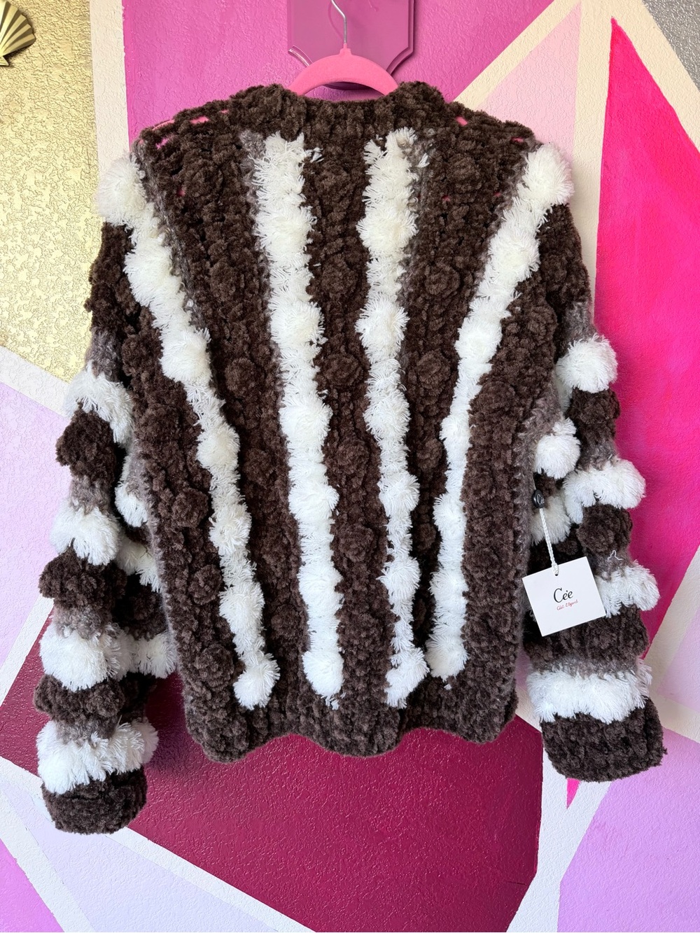 Vintage 90s Cee Brown Stripe Pom-Pom Fuzzy Zip Jacket Novelty Knit XL - Picture 5 of 13